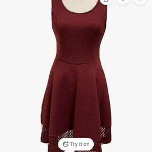 Doe & Rae Maroon A-Line Fit and Flare Dress with Chroceted Lace Detail